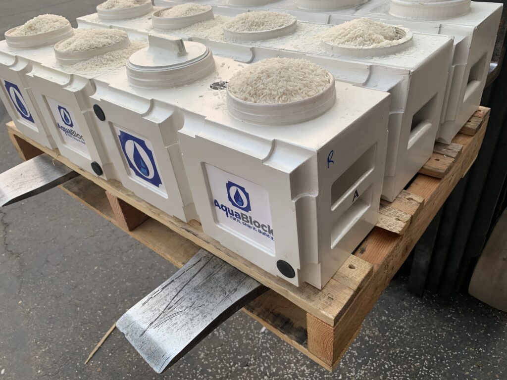 Blocks filled with rice on a pallet