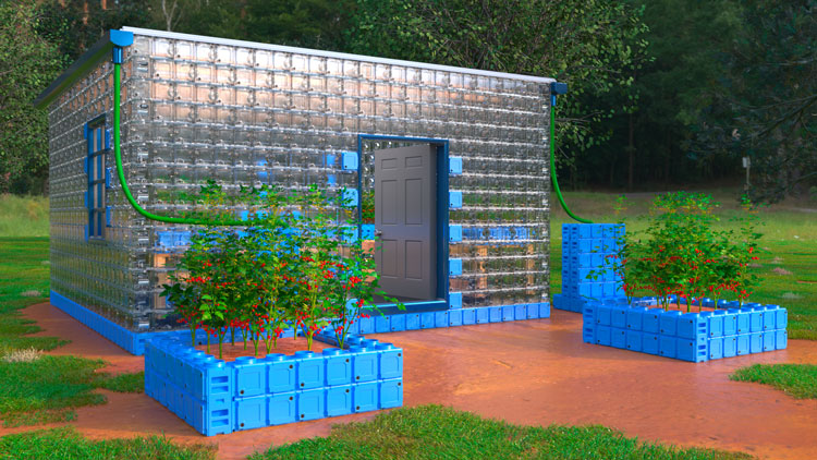A greenhouse made from clear plastic Aquablocks.